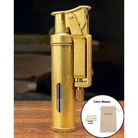 Visible Fuel Tank Lighter, Wheel Trench Antique Lighters, Reusable Creative Cool Vintage Lighter with Gift Box for Collection Decorative Unique Gifts (Gold)