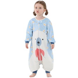 MICHLEY Polyester Long Sleeve Zipper Toddler Sleeping Bag, Blue Polar Bear Wearable Toddler Sleeping Sack With Feet for Boys Girls,1-3 Years,Size S