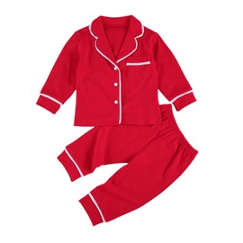 Miolasay Kids Baby Boy Girl Cotton Pajamas Set Long Sleeve Lapel Ruffle Hem Buttons Red Tops + Pants Suit Sleepwear Nightwear Homewear (B-Red, 18-24 Months)