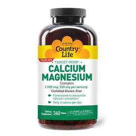 Country Life Country Life Target-Mins Calcium Magnesium Supplement for Bone Health, 1000mg Calcium, 500mg Magnesium, Gluten Free, 2:1 Ratio for Optimal Utilization