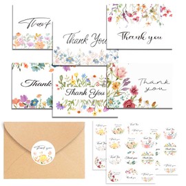 Thank You Cards with Envelopes, 24 Pieces Set of Spring Flower Greeting Cards, Foldable Greeting Cards with Envelopes and Stickers, Thank You Cards for Kids, Family, Friends