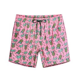 Gleeease Swim Trunks Mens 7 Inch Bathing Suit with Mesh Liner Men's Stretch Swimwear Quick Dry Swimsuit Beach Shorts Pink Pineapple