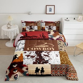 Western Cowboys Kids Comforter Set Queen Size,Horseshoe Hat Cow Skull Retro Bedding Set,Girls Boys Adults Room Decor,Aztec Pattern Plaids Patchwork Down Comforter,Rustic Duvet Insert,2 Pillowcases