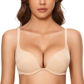 DOBREVA Women's Push Up Bra Plunge Deep V T Shirt Bras Padded Underwire Add One Cup Beige 38DD
