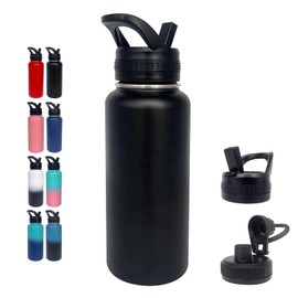 1pack 32 oz Insulated Water Bottle With Straw, Stainless Steel Sports Water Cup Flask with 2 Lids, Wide Mouth Travel Thermal Mug,Black