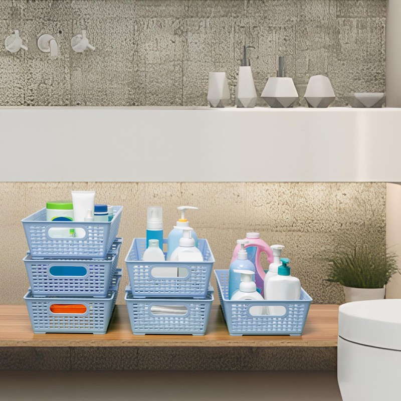 Stackable Woven Plastic Basket, Storage Bins for Cabinet, Closet, Shelf,