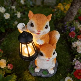 Solar-Powered Squirrel Resin Garden Lamp - Double Squirrel & Lantern Design, Auto-On at Night, Perfect for Succulent Pot DecorColor: As picture, Size: One Size