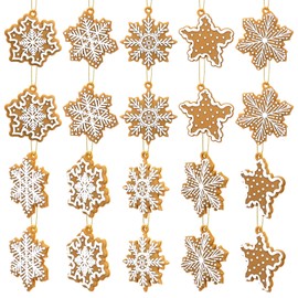 20Pcs Christmas Gingerbread Snowflake Ornaments, Mini Snowflake Decorations for Christmas, Silicone Hanging Snowflakes in 4 Styles with Gold Ropes, Rustic Winter Craft for Xmas Decorations Indoor