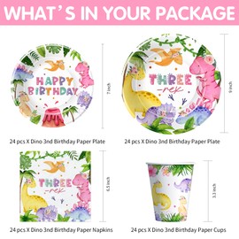 FVABO Dinosaur 3rd Birthday Party Supplies for Girl, Pink Dino Theme Three Rex Birthday Decorations, Disposable Paper Plate, Napkin, Cup, Cutlery, Tablecloth, Swirls, Banner, Serves 24