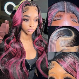 KeaBalo Ombre Lace Front Wig Human Hair Skunk Stripe Human Hair Wigs 13x4 Hd Lace Frontal Body Wave Highlight Pink Human Hair Wig Pink and Black Colored Wigs Human Hair 180% Density 24 Inch