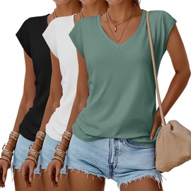 Huukeay 3 Pack Women’s V Neck T Shirts, Cap Sleeve Summer Casual Tops Loose Fit Short Sleeve Tees 2025 Trendy Shirts(Black, White, Green,Small)