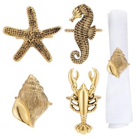 GORGECRAFT 4 Styles Nautical Napkin Rings Sea Animals Theme Alloy Napkin Rings Antique Golden Shell Seahorse Shrimp Starfish Napkin Holder Jewellery for Dinner Table Decoration