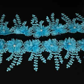 1 Yard Flower White Pearl Beads Edge Trim Ribbon Floral Appliques Embroidered Lace Fabric Sewing Lace for Wedding Bridal Dress Clothes Costume Hat Decoration (Blue, 1 Yard)