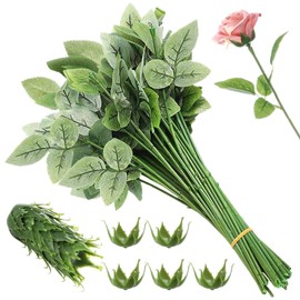 YOFAPA 50 Pcs Rose Stems with Leaves & 50 Pcs Flower Calyxes Set, Fake Flower Stems Artificial Flower Sepals, Floral Arrangement Supplies, DIY Artificial Flowers Tools for Bouquet Wedding Party