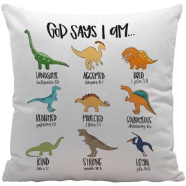 Cartoon Dinosaur Christian Bible Scripture God Says I am Throw Pillow Cover Decor for Home Kids Room Nursery Playroom Decor,Gifts for Kids Girls Boys Dinosaur Lovers,Christian Gifts,18x18 Inches