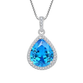 FJ Aquamarine Necklace 925 Sterling Silver Teardrop Pendant Necklace March Birthstone Jewelry Gifts for Women