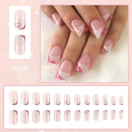 Valentine's Day Press on Nails Short Love Heart Square Fake Nails Glossy Acrylic Nails Full Cover Valentine's Stick on Nails Holiday French Tip Press on Nails Artificial Glue on Nails for Women