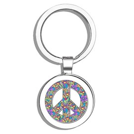 Peace Sign Floral Cute Hippie Metal Round Metal Key Chain Keychain Ring