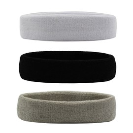 Hanerdun Sports Sweatbands Headbands Breathable Cotton Terry Cloth Sweat Head Bands For Men And Women Running Work out Yoga Exercise Tennis, Black/White/Gray(3 pieces), One Size