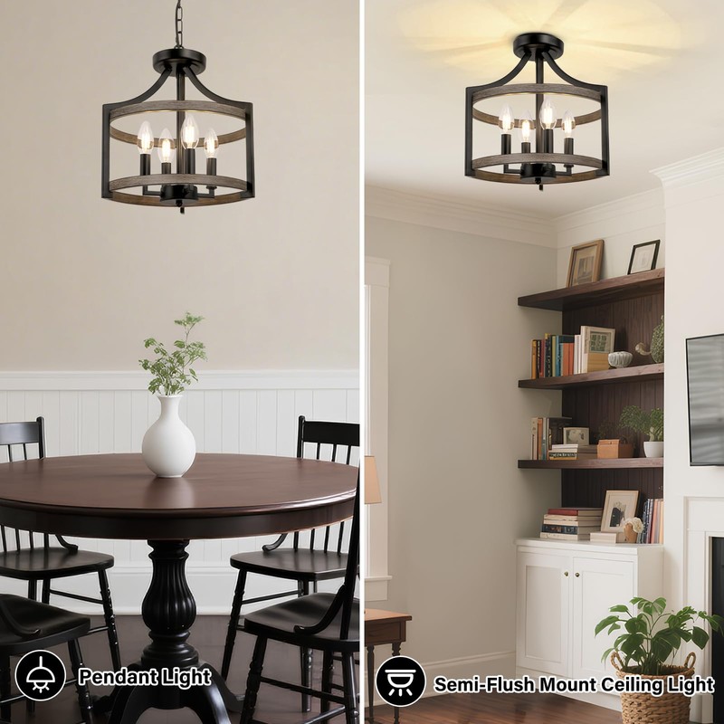 WBinDX 4-Light Farmhouse Chandelier, Metal Semi Flush Mount Ceiling Light