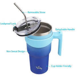 Konokyo 30oz Tumbler with Handle and 2 Straw 2 Lid, Insulated Water Bottle Stainless Steel Vacuum Cup Reusable Travel Mug,Sky