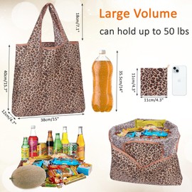 Large Foldable Shopping Bag - 100% Nylon Waterproof Tote Bag, Reusable Eco-Friendly Grocery Bag with Pouch, Compact Pocket-Sized Design for Daily Use, Travel & Shopping (Leopard print)