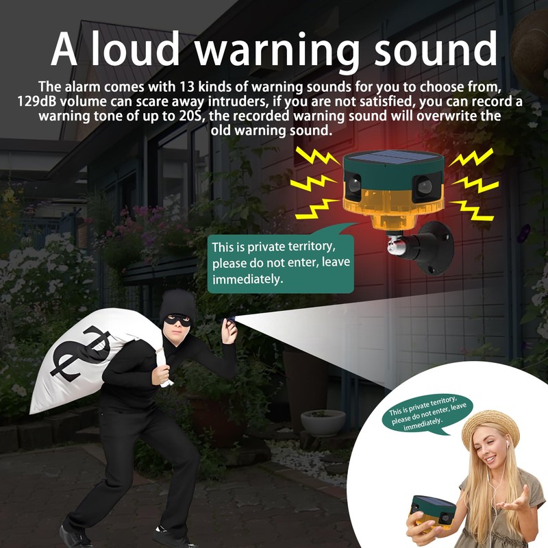 QXMH Solar Outdoor Motion Sensor Alarm: Dog Barking&Gunshot Sound, 129db