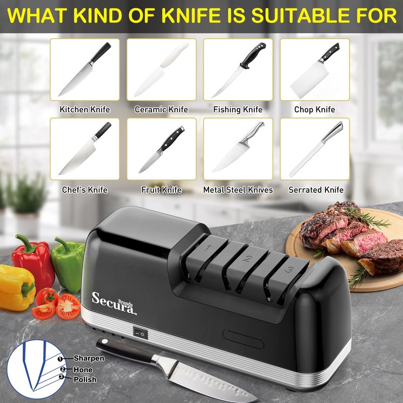 Secura 3-Stage Electric Knife Sharpener with 100% Diamond Abrasives and