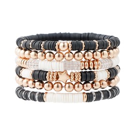 GOOJIDS Surfer Heishi Clay Bead Bracelets for Women Bohemian Stackable Gold Beaded Stretch Bracelets Elastic Layering Friendship Bracelets Boho Jewelry Gifts (F-Black&Clear Set)