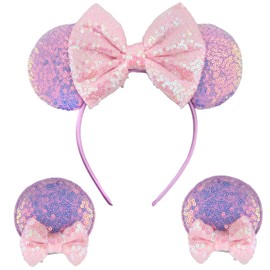 Dekewe Mouse Ears Headband, Sparkly Bow Headbands Mouse Ears Headwear with 2 Mouse Ears Hair Clips, Cosplay Party Headband for Adult Kids Shiny Headband for Girls Women Fancy Dress Costume Head Band