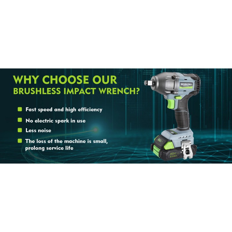 WORKPRO 1/2'' Cordless Impact Wrench Brushless 20V 1 Hour Fast