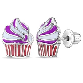 925 Sterling Silver Pink and White Enamel Cupcake Screw Back Earrings For Young Girls and Pre-Teens 11mm - Fun Cupcake Themed Earrings for Special Occasion - Vibrant Earrings for Girls Birthday Gift