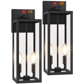 2-Pack Upgraded Motion Sensor Outdoor Wall Lights, 18” Large Dusk to Dawn Porch Lights Outdoor Wall Sconce Lantern, 3 Lighting Modes Exterior Lighting Fixtures, Black Outside Lights for House Garage