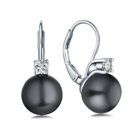 925 Sterling Silver Cubic Zirconia Black Freshwater Cultured Pearl Drop & Dangle Leverback Earrings (10mm black pearl)