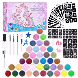 Glitter Tattoo Set Children, DSYZWEE 40 Colours Temporary Glitter Tattoos with 147 Stencils, 5 Brushes, 2 Glues, for Girls and Boys Birthday Party Temporary Waterproof Tattoo Children's Glitter Set