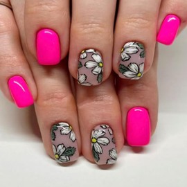 Hot Pink Press on Nails Short Square Fake Nails with White Flower Design Floral Glue on Nails Glossy Spring Nails Reusable Summer False Nails for Women Girls Daily Wear Manicure 24pcs