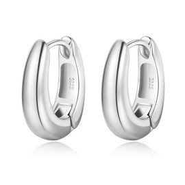 BMMYE Chunky Silver Hoops Small Huggie Earrings for Women, Oval Thick Silver Hoop Earrings Hypoallergenic Earrings