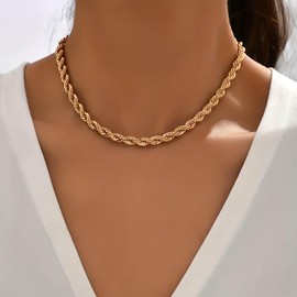 Cimenexe Bohemian Twist Link Chain Choker Necklace Gold Rope Chain Necklace Twist Rope Chain Collar Necklace Chunky Link Chain Necklace Jewelry for Women