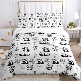 PAAHRYI Panda Bed Linen Children's 135 x 200 cm, Cartoon Panda and Bamboo Motif Duvet Cover, 3D Panda Print Animal Theme Duvet Cover for Girls Boys (B, 135 x 200 cm)