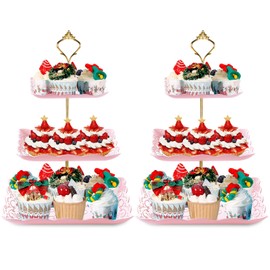 PAGANOOM 2 Soporte de Pastel de Plástico, Soporte de Plástico para Cupcakes, para Pasteles, Postres, Exhibiciones de Dulces, Adecuado para Bodas, Fiestas Familiares (Forma Cuadrada Rosa)