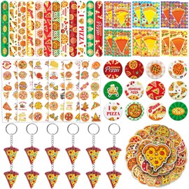 BOIKOKY 110Pcs Pizza Party Favors for Kids - Pizza Birthday Party Decorations and Supplies with Pizza DIY Stickers, Slap Bracelets, Keychains, Buttons & Tattoos, Goodie Bag Fillers for Boys & Girls