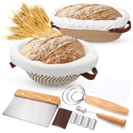 Honeydak Sourdough Bread Baking Supplies Sourdough Starter Kit with 9" Round and 10" Oval Bread Proofing Baskets with Linen Liners, Lame, Dough Whisk, Scraper, Cotton Covers Banneton for Home Baker