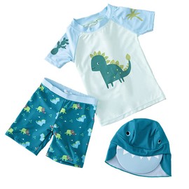 SWMSTUPF Baby Boys Swimsuit Toddler Two Pieces Swimwear Set Dinosaur Bathing Suit Rash Guards with Hat UPF 50+(Dinosaur,9-18Months)