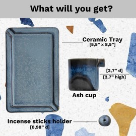 Ash and Aura Ceramic Set - Handcrafted 3-Pieces Kit - Tray with Ash Catcher Cup and Incense Burner Holder - Black and Blue Accessories for Home Decor