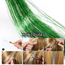Hair Tinsel Extensions 200 Strands with Tools, Sparkling Shiny Hair Tinsel Kit, Heat Resistant Glitter Tinsel Hair Extensions for Women Girls 48 Inch (200 strands green)