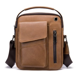 Men's Messenger Bag Small, Genuine Leather Man Purses and Bags Crossbody Travel Satchel Sling Bag with Headphone Jack Brown