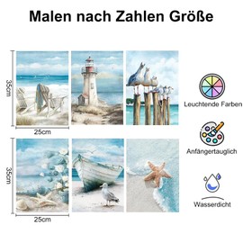 SASMoiyug Set of 6 Paint by Numbers for Adults, DIY Sea Side Paint by Numbers Set with Brushes and Acrylic Paint, Hand Painted Landscape by the Sea, Painting by Numbers Kit, 25 x 35 cm