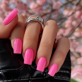 Hot Pink Press on Nails Short Medium Square Glue on Nails Set, Xcreando Neon Summer Square Fake Nails Short Coffin Nails Press ons Gel Nails Medium Length False Nails For Women 24 Pcs, Neon Pink