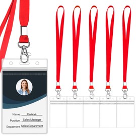 WILLIZTER 6PCS Clear ID Badge Holder with Lanyard Water Proof Vertical Display Identification Card Name Card Protector with Zipper Resealable Nametag Holder (Red)