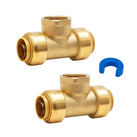 SUNGATOR 3/4 Inch Pushfit Female Tee, 3/4 Inch PTC x 3/4 Inch PTC x 3/4 Inch FNPT, No Lead Brass Push-to-Connect Plumbing Fittings to Connect PEX, Copper, CPVC, With A Disconnect Clip, Pack of 2